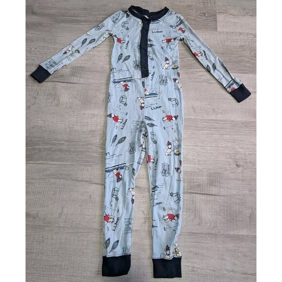 LL Bean Waffle One Piece PJ’s Celestial Blue Buddy the Dog Kids Sz 5-6 Pajamas - Picture 1 of 7